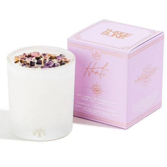 Hunti | Crystal Infused Candle of Tranquility | Camellia & Lotus Blossom