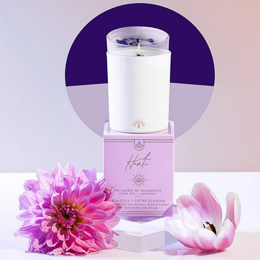 Hunti | Crystal Infused Candle of Tranquility | Camellia & Lotus Blossom